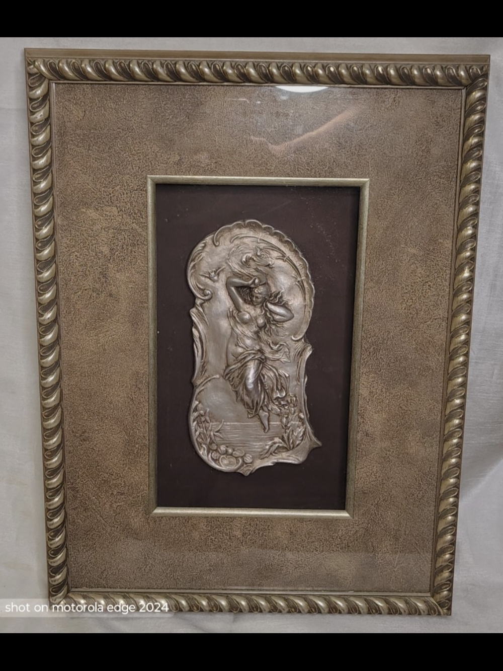 VTG Goddess Framed Art Nouveau Metal Bas-Relief Plaque Wall Art In Shadowbox